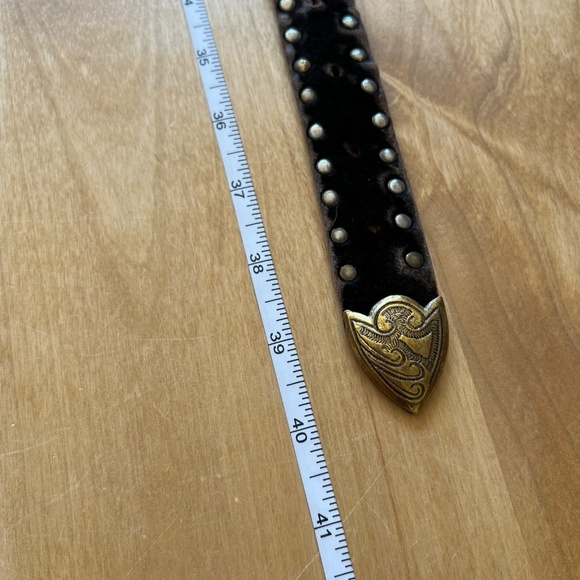 US MECO PARIS BELT VTG BLACK LEATHER METAL MESH BRONZE GROMMET STUDS WESTERN - Picture 8 of 12